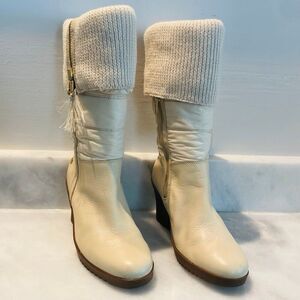 UGG Leather Sheepskin Foldover Ribbed Cuffs Leona 1944 Wedge Boots Cream Size 7